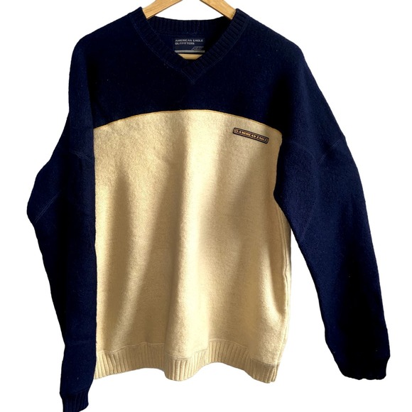 American Eagle Outfitters Mens Sweater Size Large AE77 Wool  Navy Colorblock * - Picture 1 of 5
